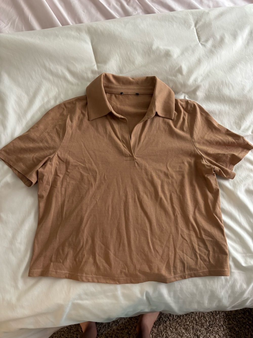 Express Women's Short Sleeve Polo Tee in Camel Brown